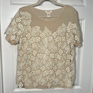 Sundance Love In A Mist Floral Top Blouse Medium Crochet Lace Overlay Beige